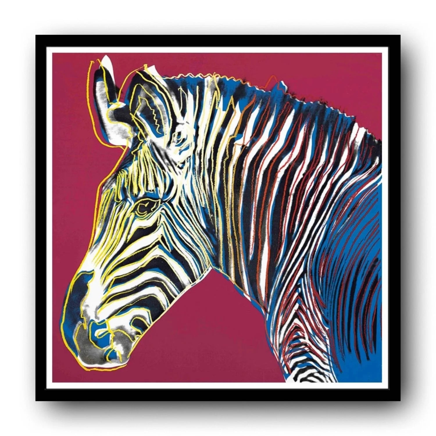 Framed artwork of a zebra with abstract design on a red background